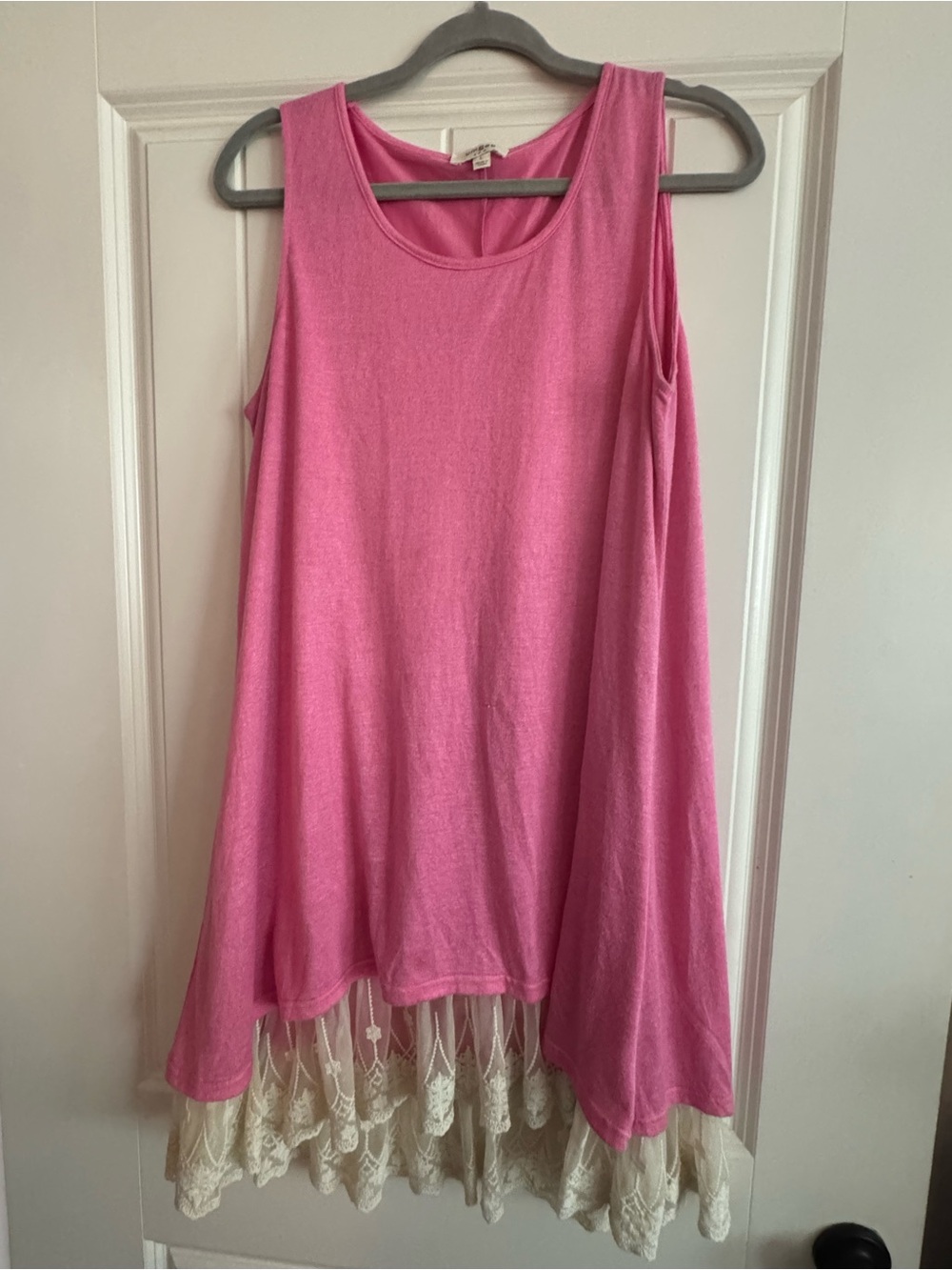 Umgee Pink Swing Tank Dress with Cream Lace Trim